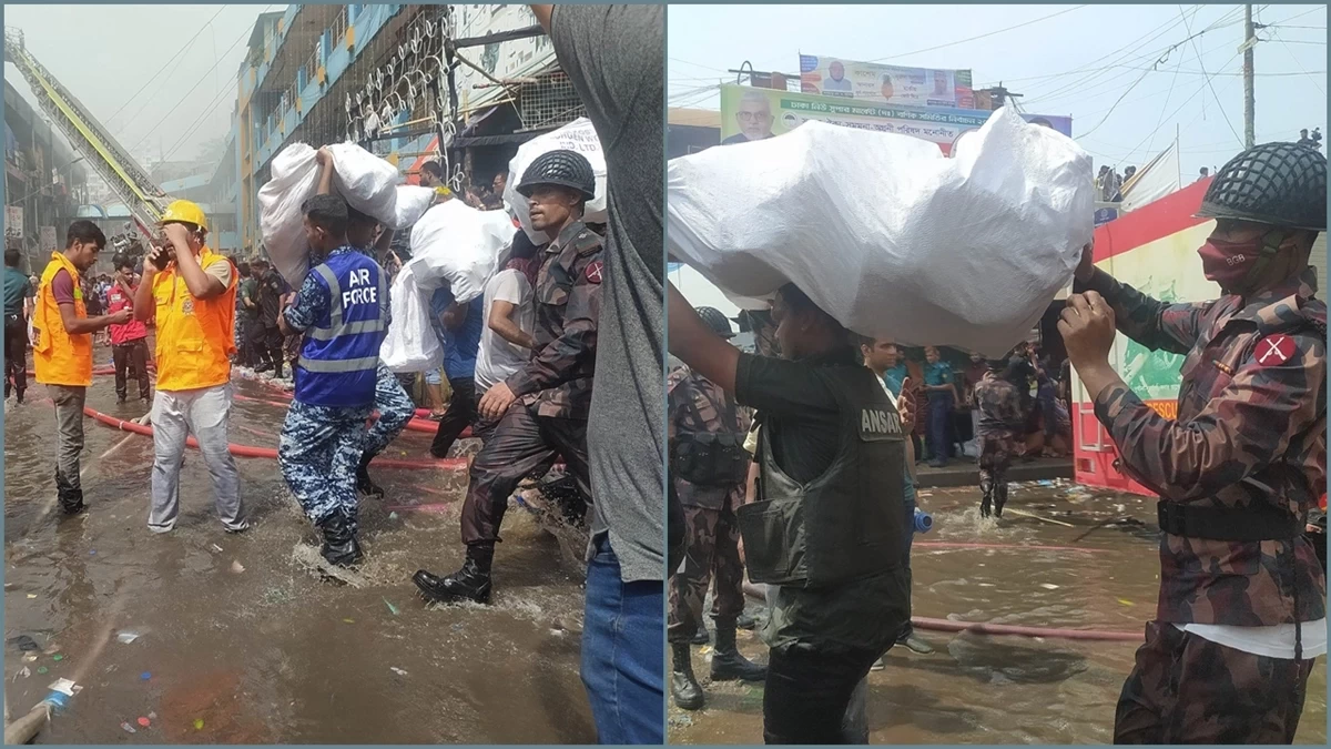 ব্যবসায়ীদের মালামাল বের করছেন আইনশৃঙ্খলা বাহিনী